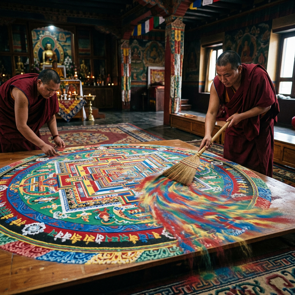 Tibetan sand mandala being swept away
